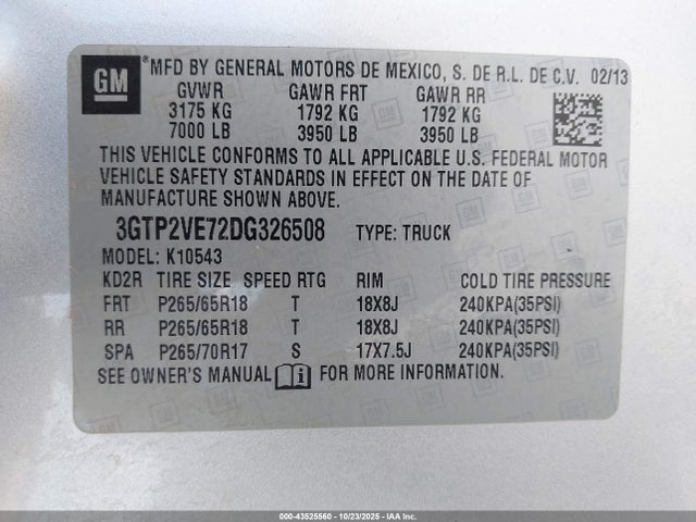 43525560 :رقم المزاد ، 3GTP2VE72DG326508 vin ، 2013 Gmc Sierra 1500 Sle مزاد بيع