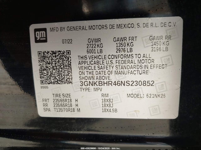 3GNKBHR46NS230852 Chevrolet Blazer Awd 2lt