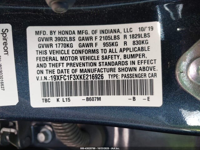 Honda Civic 2019 19XFC1F3XKE216926 Image 21