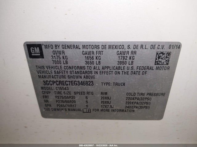 3GCPCREC7EG346823 Chevrolet Silverado 1500 1lt