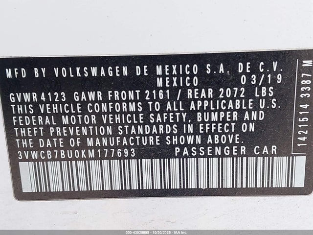 Продаж на аукціоні авто 2019 Volkswagen Jetta 1.4t R-line/1.4t S/se, vin: 3VWCB7BU0KM177693, номер лоту: 43525859