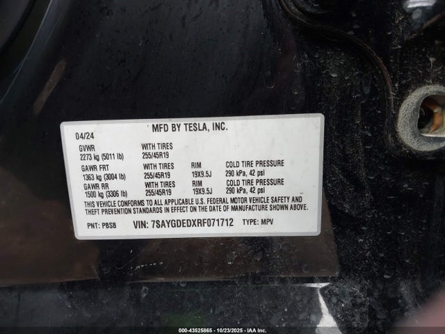Aukcja sprzedaży 2024 Tesla Model Y Rwd, vin: 7SAYGDEDXRF071712, numer aukcji: 43525865