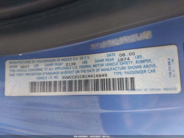 2001 VOLKSWAGEN NEW BEETLE 3VWCC21C81M416849 Photo 8