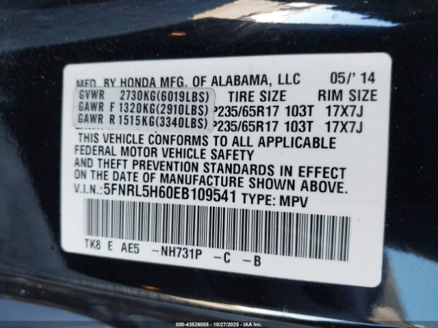 2014 HONDA ODYSSEY 5FNRL5H60EB109541 Photo 8