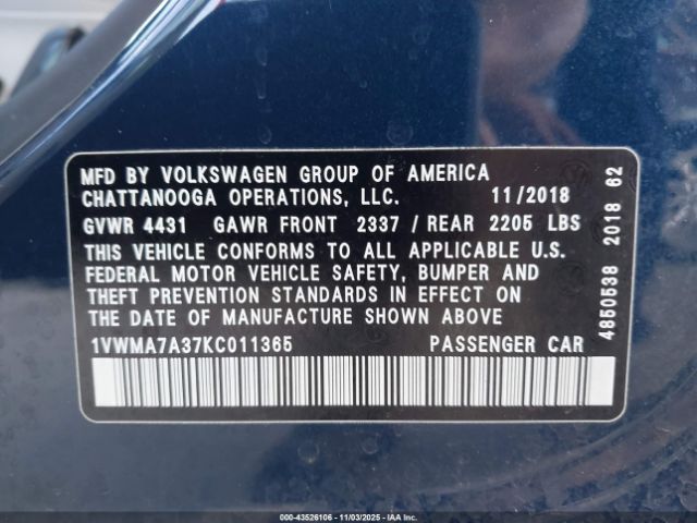 2019 VOLKSWAGEN PASSAT 1VWMA7A37KC011365 Photo 8