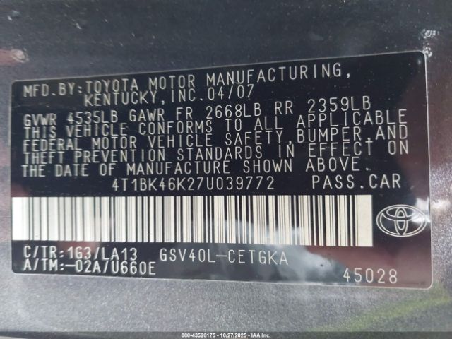 2007 TOYOTA CAMRY 4T1BK46K27U039772 Photo 8
