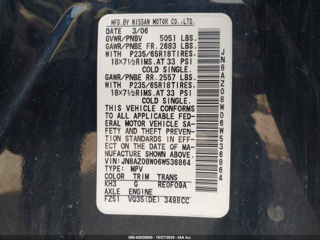 Aukcja sprzedaży 2006 Nissan Murano S, vin: JN8AZ08W06W536864, numer aukcji: 43526500