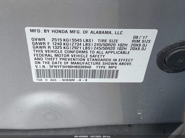 Honda Pilot Touring 2017 5FNYF5H90HB030940 Image 9