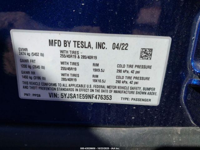 2022 TESLA MODEL S 5YJSA1E59NF476353 Photo 8