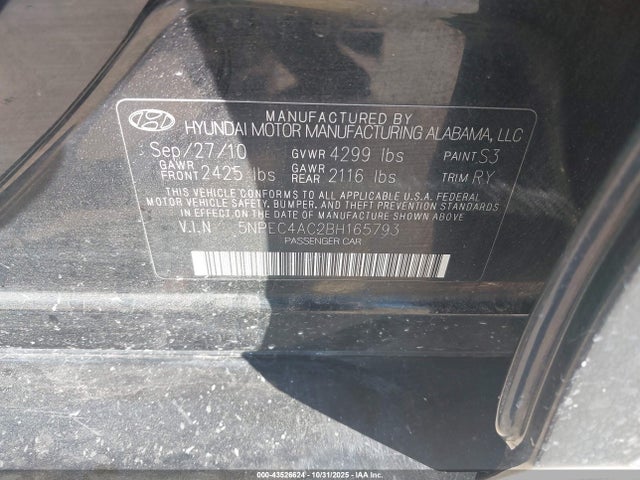 Aukcja sprzedaży 2011 Hyundai Sonata Se, vin: 5NPEC4AC2BH165793, numer aukcji: 43526624