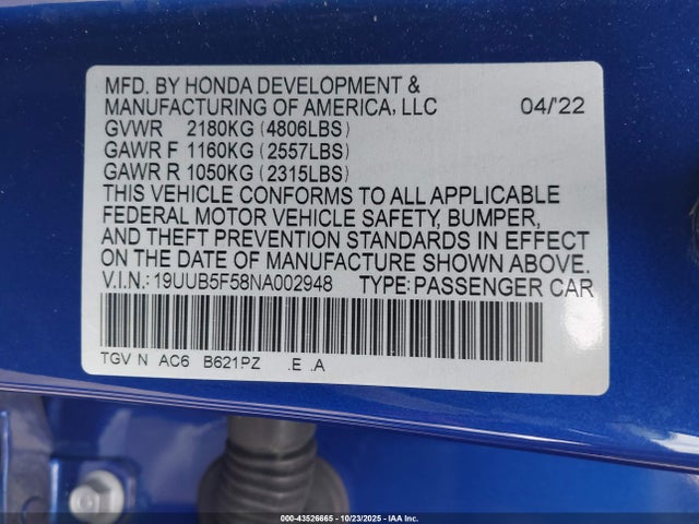 43526665 :رقم المزاد ، 19UUB5F58NA002948 vin ، 2022 Acura Tlx A-spec Package مزاد بيع