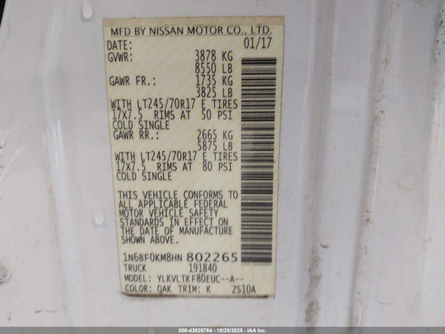43526764 :رقم المزاد ، 1N6BF0KM8HN802265 vin ، 2017 Nissan Nv Cargo Nv1500 Sv V6 مزاد بيع