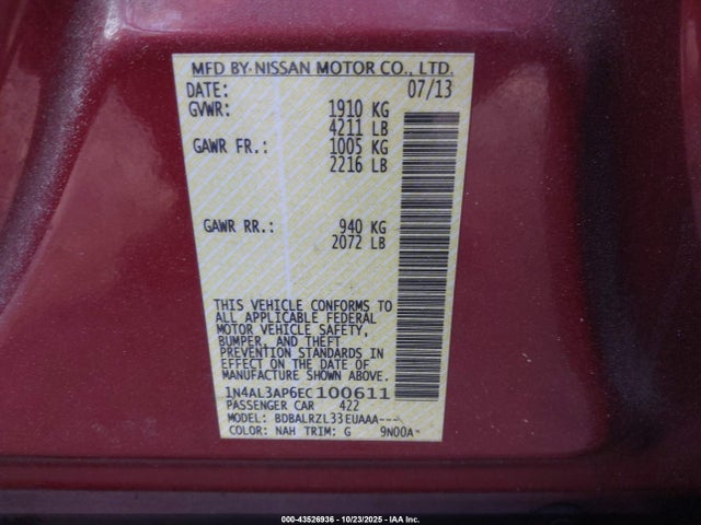 1N4AL3AP6EC100611 Nissan Altima 2.5 S