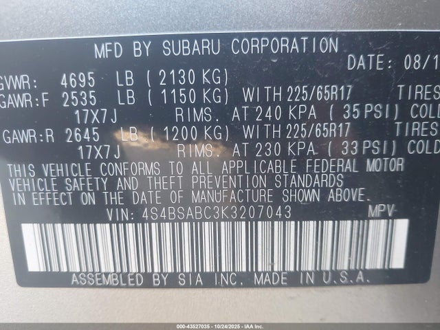 Продаж на аукціоні авто 2019 Subaru Outback 2.5i, vin: 4S4BSABC3K3207043, номер лоту: 43527035