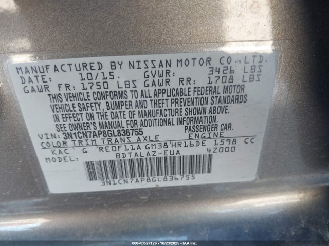 Nissan Versa 1.6 S+ 2016 3N1CN7AP8GL836755 Image 9