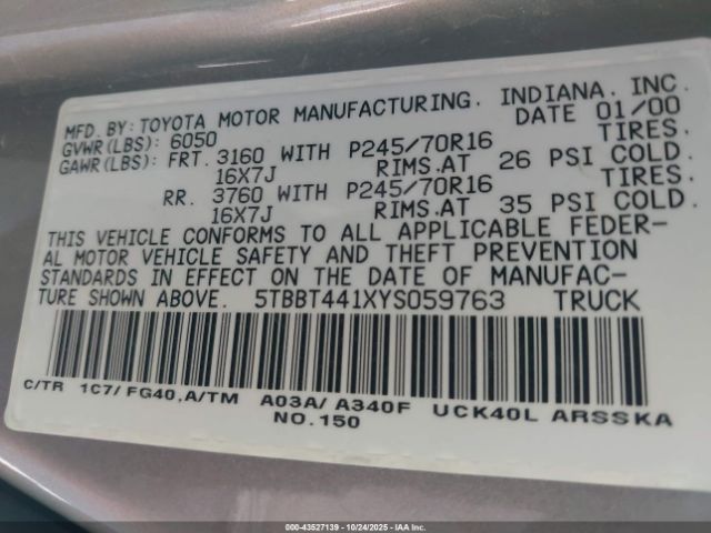 2000 TOYOTA TUNDRA 5TBBT441XYS059763 Photo 8