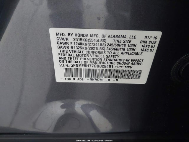 Honda Pilot Ex-l 2016 5FNYF5H77GB029491 Image 9