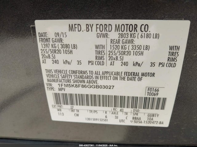 Aukcja sprzedaży 2016 Ford Explorer Limited, vin: 1FM5K8F86GGB03027, numer aukcji: 43527361