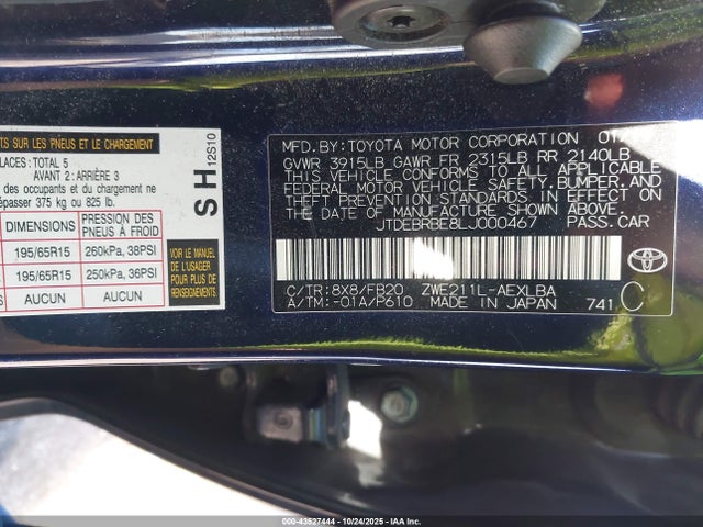 Toyota 2zr-fxe, 1nm 2020 JTDEBRBE8LJ000467 Image 9