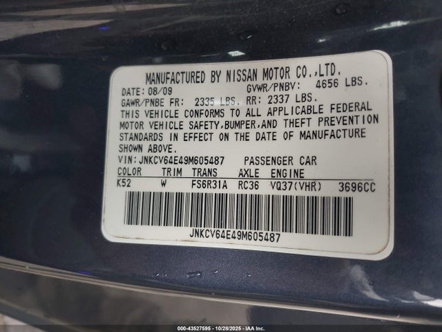 2009 Infiniti G37 Sport მანქანა იყიდება აუქციონზე, vin: JNKCV64E49M605487, აუქციონის ნომერი: 43527595