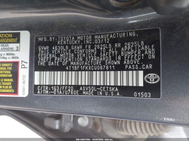 2012 TOYOTA CAMRY 4T1BF1FKXCU087811 Photo 8