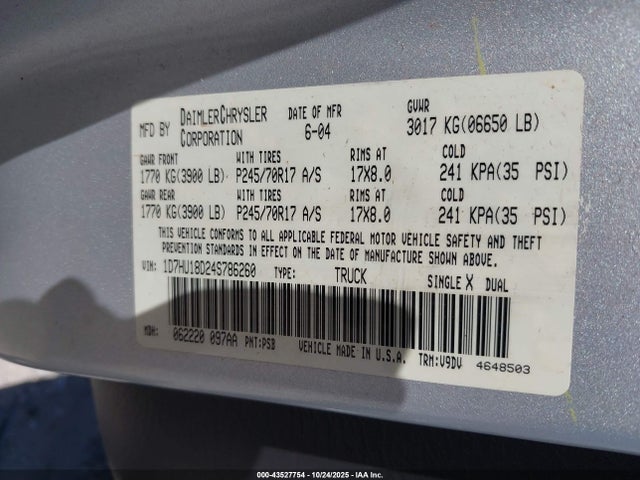 Продаж на аукціоні авто 2004 Dodge Ram 1500 Slt/laramie, vin: 1D7HU18D24S786260, номер лоту: 43527754