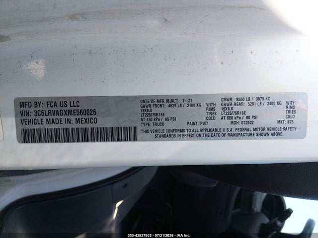 Aukcja sprzedaży 2021 Ram Promaster 1500 Low Roof 136 Wb, vin: 3C6LRVAGXME560026, numer aukcji: 43527802