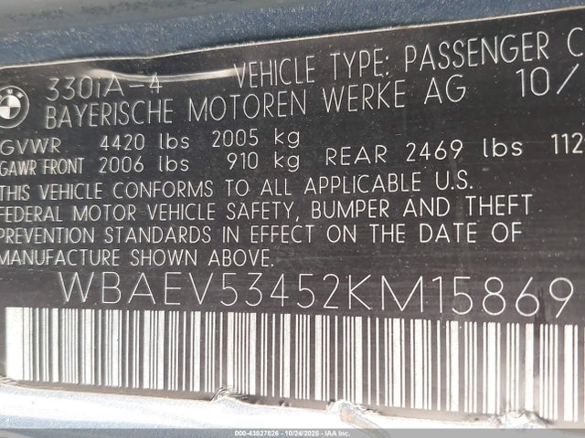 Продаж на аукціоні авто 2002 Bmw 330i, vin: WBAEV53452KM15869, номер лоту: 43527826