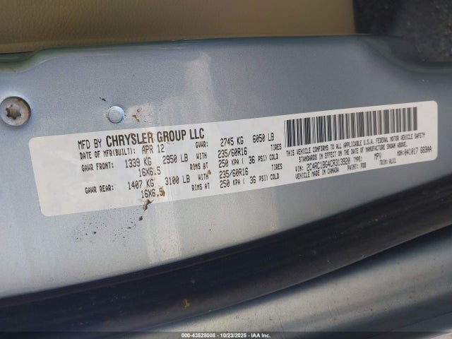 2012 Chrysler Town & Country Touring მანქანა იყიდება აუქციონზე, vin: 2C4RC1BG4CR313920, აუქციონის ნომერი: 43528008