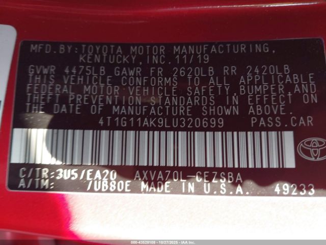 2020 TOYOTA CAMRY 4T1G11AK9LU320699 Photo 8