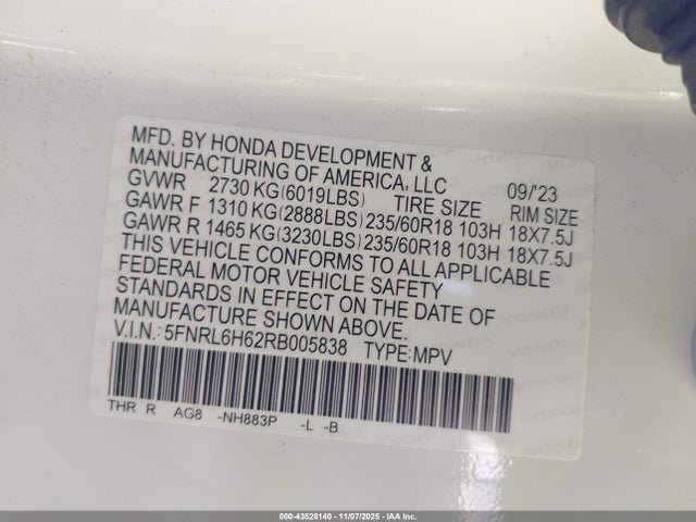 Aukcja sprzedaży 2024 Honda Odyssey Ex-l, vin: 5FNRL6H62RB005838, numer aukcji: 43528140