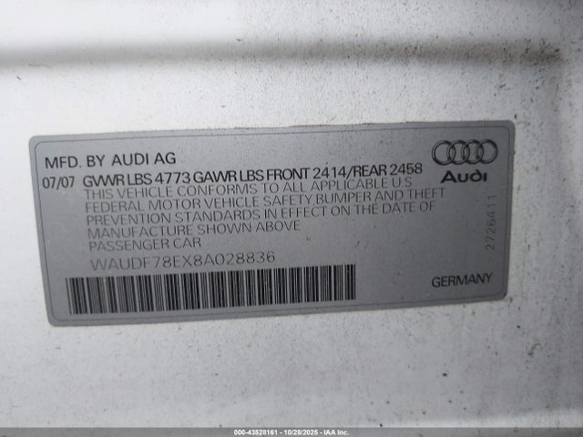 2008 AUDI A4 WAUDF78EX8A028836 Photo 8