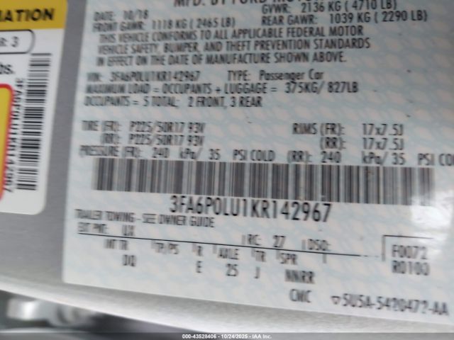 2019 FORD FUSION HYBRID 3FA6P0LU1KR142967 Photo 8