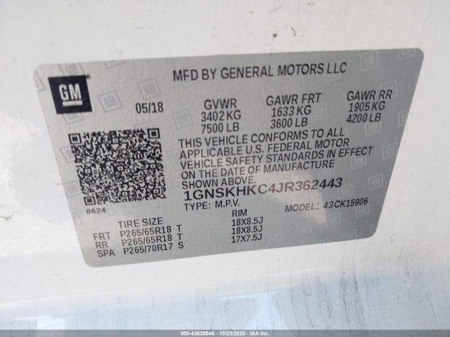 Aukcja sprzedaży 2018 Chevrolet Suburban Lt, vin: 1GNSKHKC4JR362443, numer aukcji: 43528546