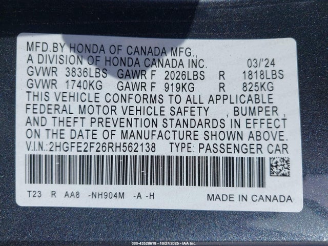 Honda Civic Lx 2024 2HGFE2F26RH562138 Image 9