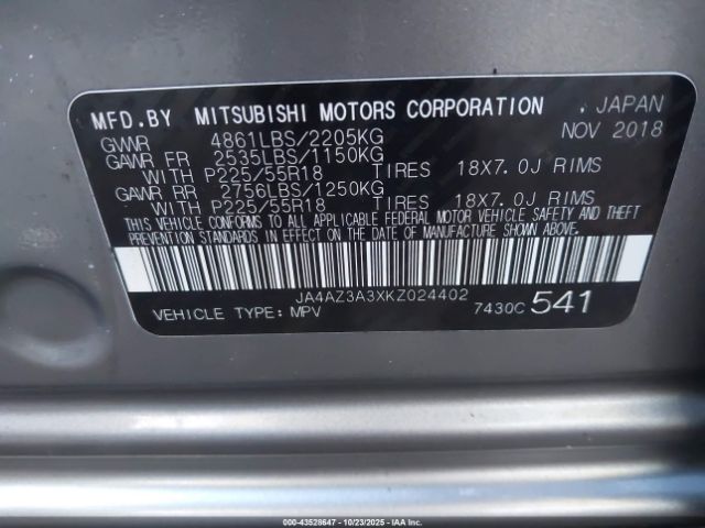 2019 MITSUBISHI OUTLANDER JA4AZ3A3XKZ024402 Photo 8