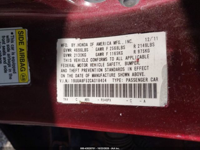 2012 ACURA TL 19UUA8F52CA018404 Photo 8