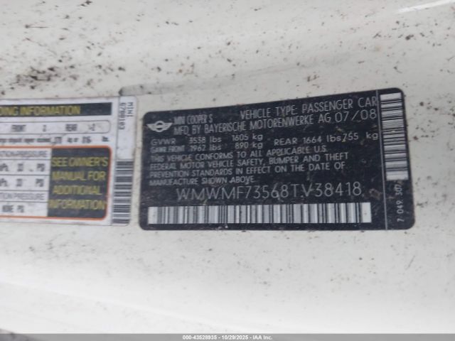 2008 MINI COOPER S WMWMF73568TV38418 Photo 8