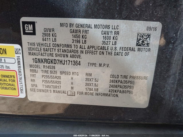 Chevrolet Traverse 1lt 2017 1GNKRGKD7HJ171364 Image 9