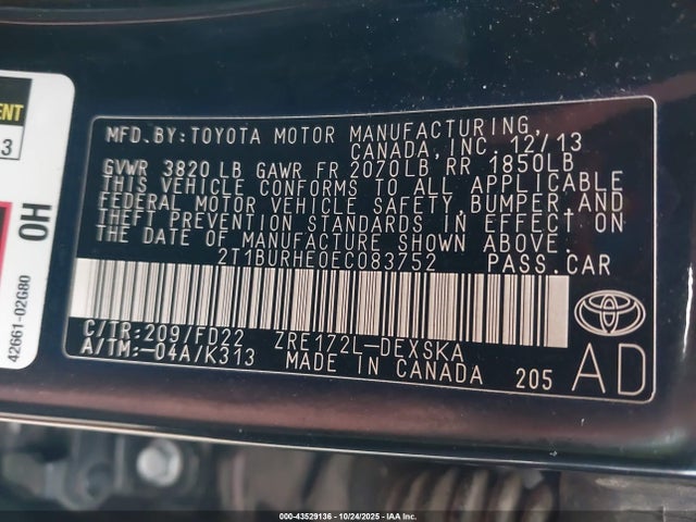 Aukcja sprzedaży 2014 Toyota Corolla S Plus, vin: 2T1BURHE0EC083752, numer aukcji: 43529136