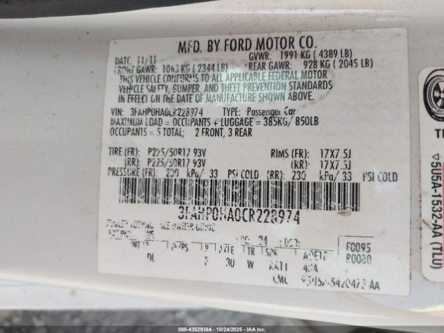2012 FORD FUSION 3FAHP0HA0CR228974 Photo 8
