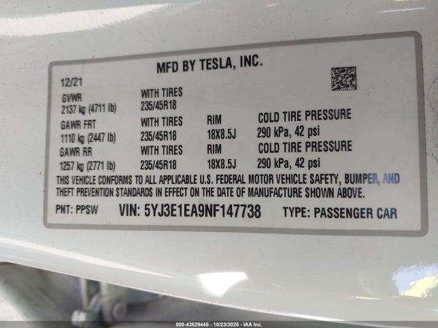 2022 TESLA MODEL 3 5YJ3E1EA9NF147738 Photo 8