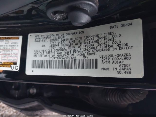 2004 LEXUS GX 470 JTJBT20XX40060685 Photo 8