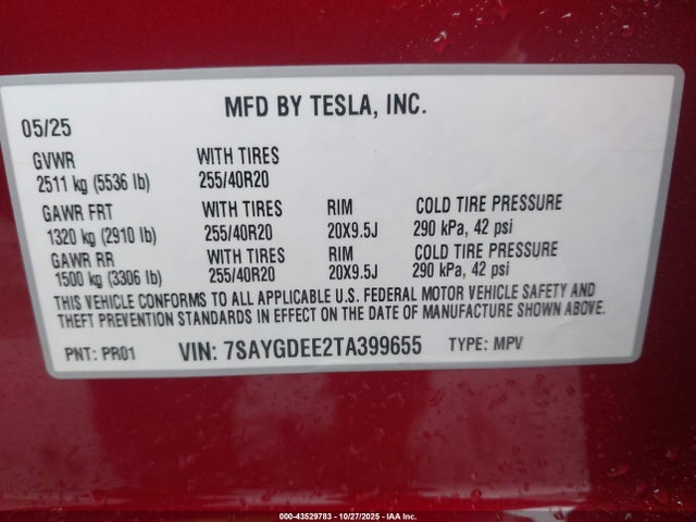 43529783 :رقم المزاد ، 7SAYGDEE2TA399655 vin ، 2026 Tesla Model Y Long Range Dual Motor All-wheel Drive/long Range Launch Series مزاد بيع