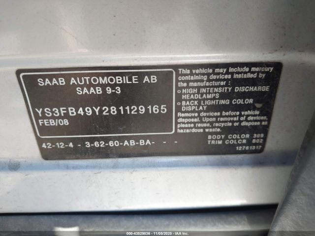 2008 SAAB 9-3 YS3FB49Y281129165 Photo 8