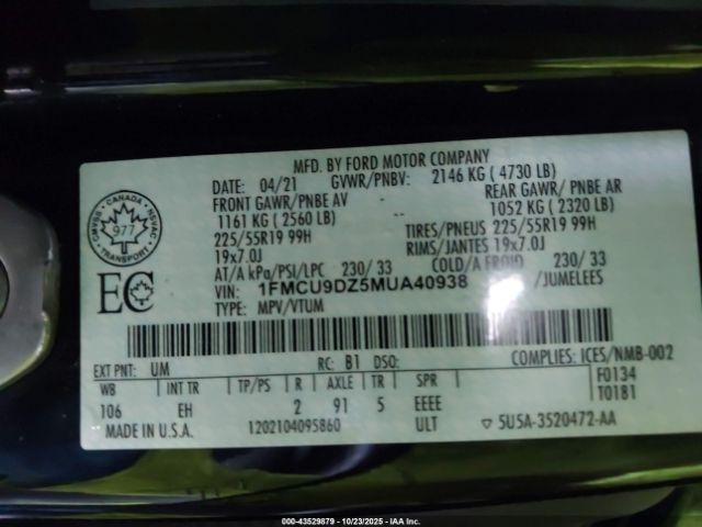 2021 FORD ESCAPE 1FMCU9DZ5MUA40938 Photo 8