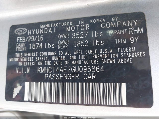 Hyundai ACCENT SE 2016 KMHCT4AE2GU096864 Image 9