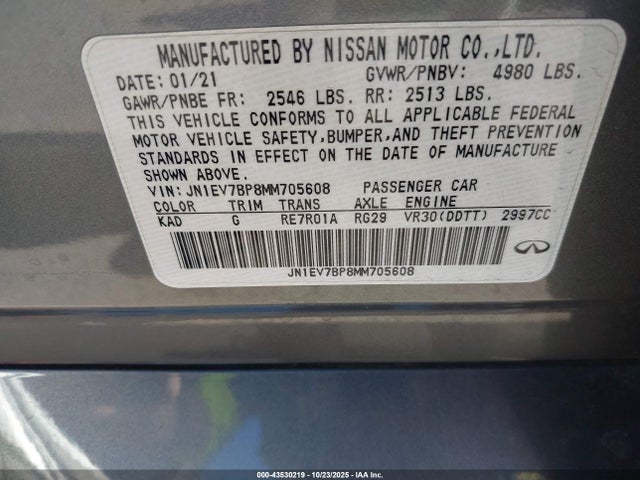 Продажа на аукционе авто 2021 Infiniti Q50 Luxe, vin: JN1EV7BP8MM705608, номер лота: 43530219