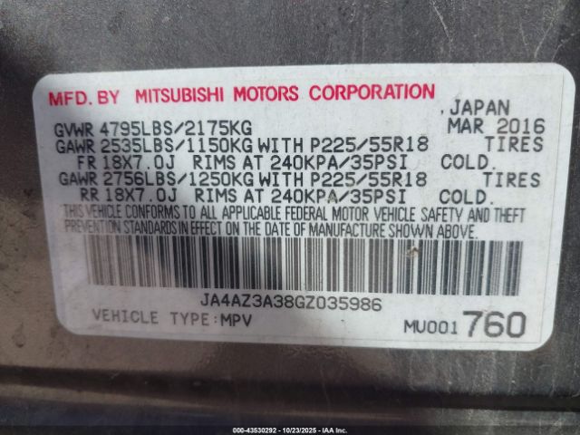 2016 MITSUBISHI OUTLANDER JA4AZ3A38GZ035986 Photo 8