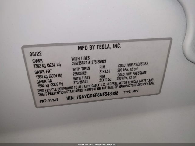 2022 TESLA MODEL Y 7SAYGDEF8NF543398 Photo 8